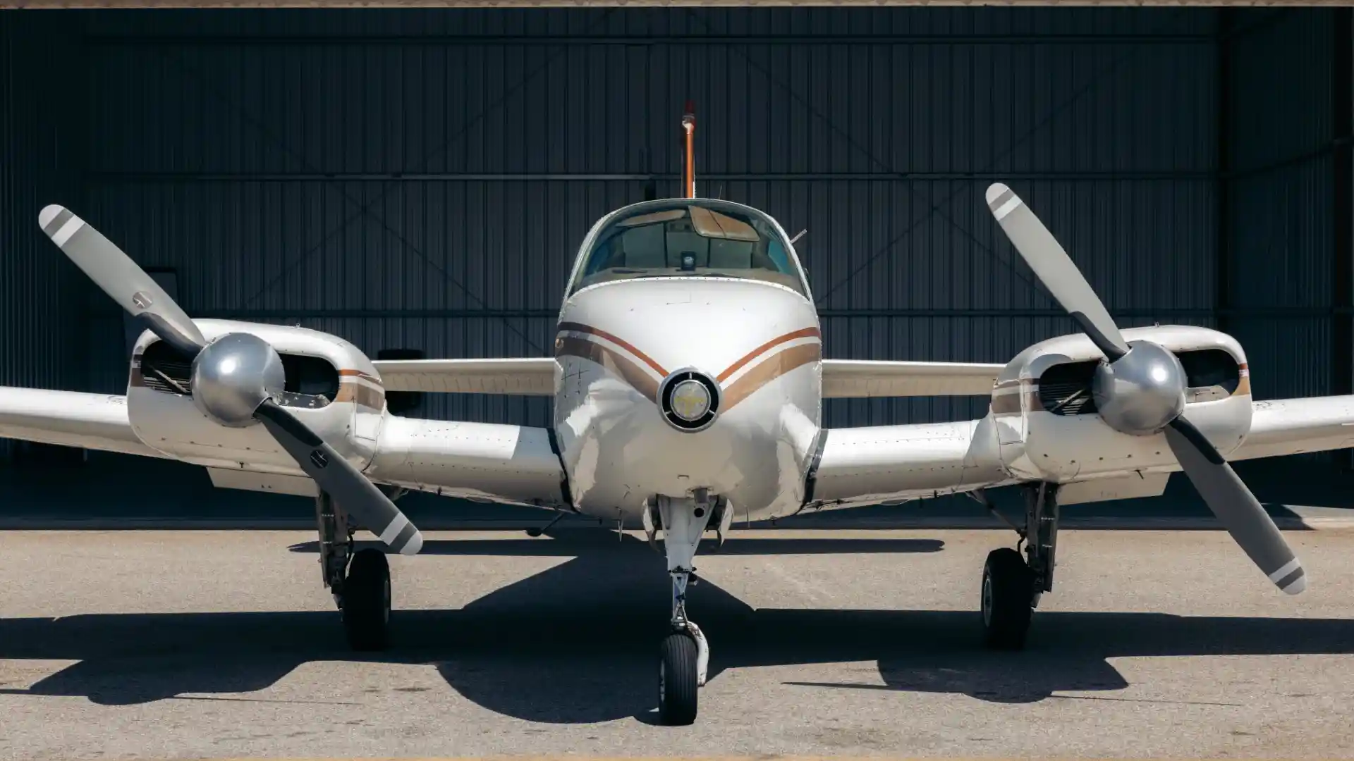 lafa plane beechcraft twin engine outside hangar front view