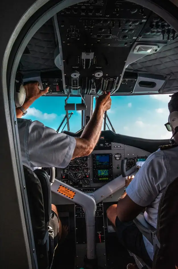 Airline pilot cockpit view, preparing for flight